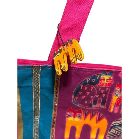 Laurel Burch Cat Geometric Large Shoulder Tote Bag Beaded Inner Pockets EUC - Picture 3 of 13